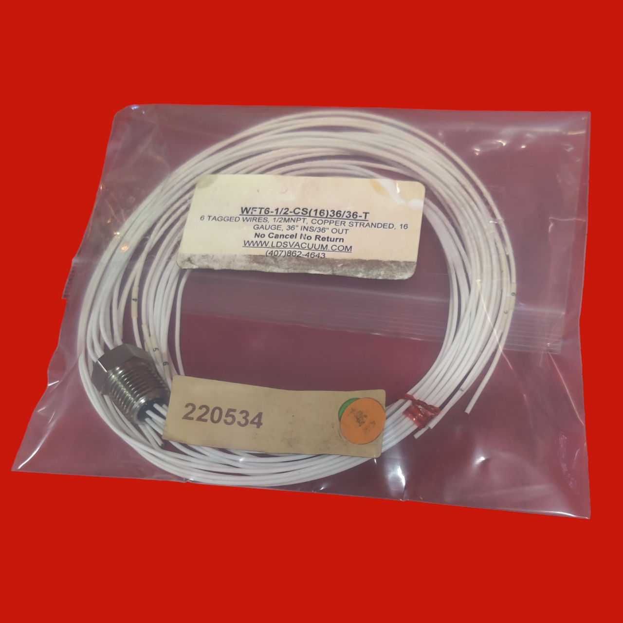 LDS Vacuum 220534 6 Tagged Wires, 1/2 MNPT, Copper Stranded, 16 Gauge, 36" INS/36" Out