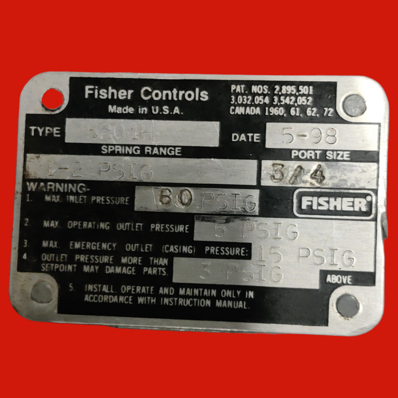 Fisher Controls Pressure Regulator, 2" NPT, Port Size 3/4", S201H 