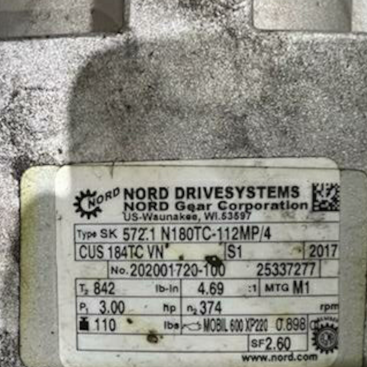 Nord AC Gear Motor With Inverter Duty Motor, SK572.1 N180TC-112MP/4, SK112MP/4 CUS 184TC