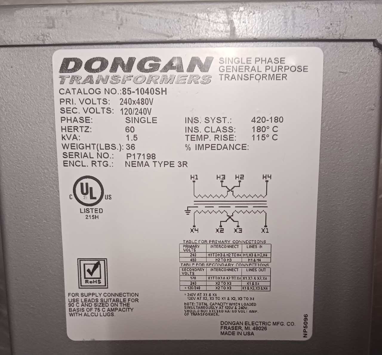 Dongan 85-1040SH Single Phase General Purpose Transformer