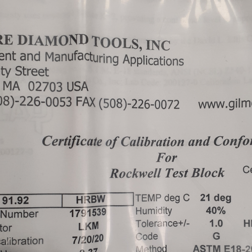 Gilmore Diamond Tools 91.92 HRBW Certified Rockwell Hardness Testing Block