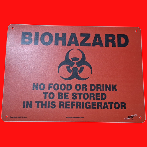 NSI 29877 Biohazard No Food Or Drink To Be Stored In This Refrigerator with Graphic Safety Sign 10"x14"