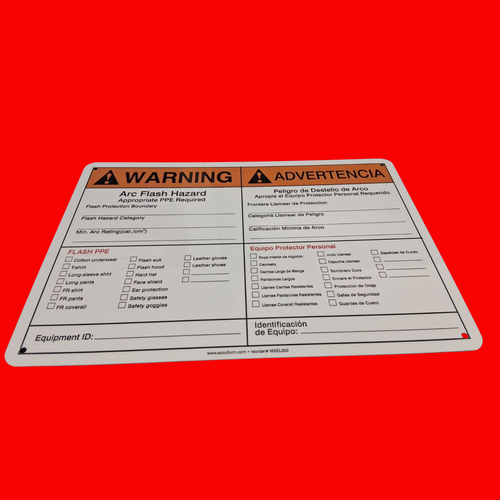 Accuform MSEL303 Arc Flash Hazard Appropriate PPE Required Bilingual (English/Spanish) with Information Areas & Checklist Warning Sign 14"x10", Aluminum