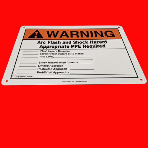 Accuform MELC363  Arc Flash and Shock Hazard Appropriate PPE Required with Information Area Warning Sign 10"x14", Aluminum