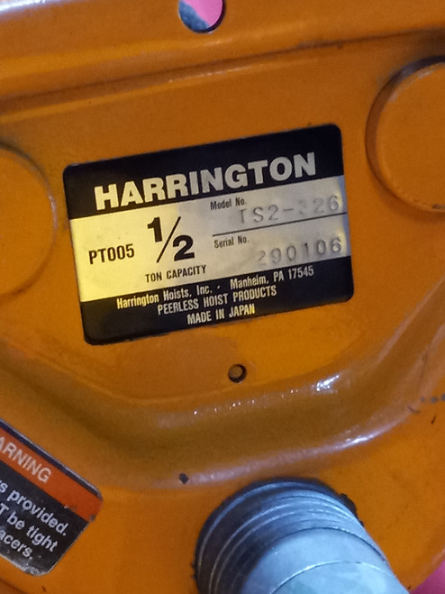 Harrington NER005L Electric 1/2 Ton Hoist W/ Harrington TS2-326 Manual Trolley