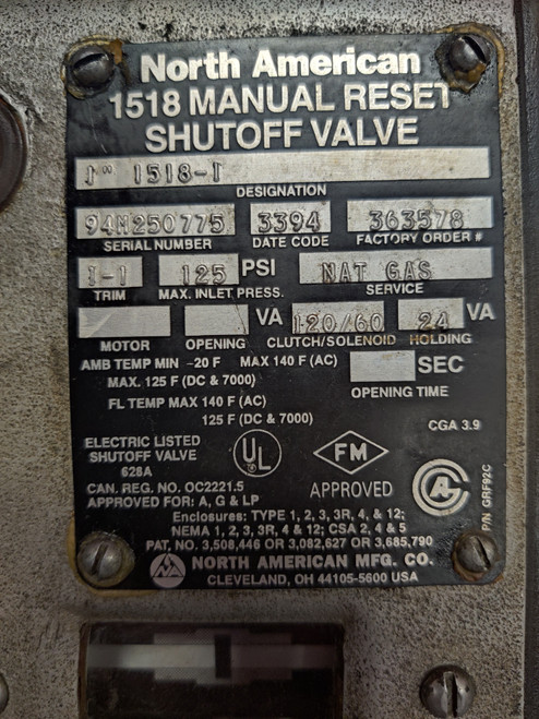 North American 1" Manual Reset Shutoff Valve, 1518-1