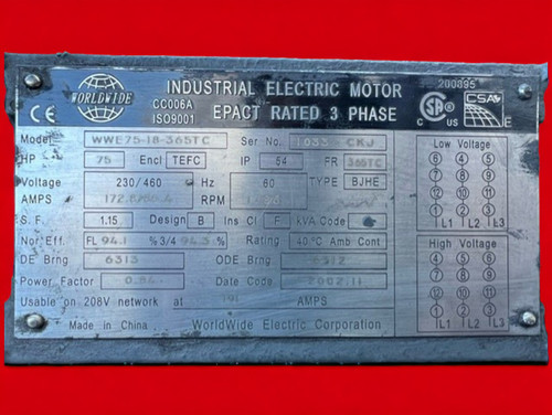Worldwide Electric Corp. Industrial Electric Motor, WWE75-18-365TC