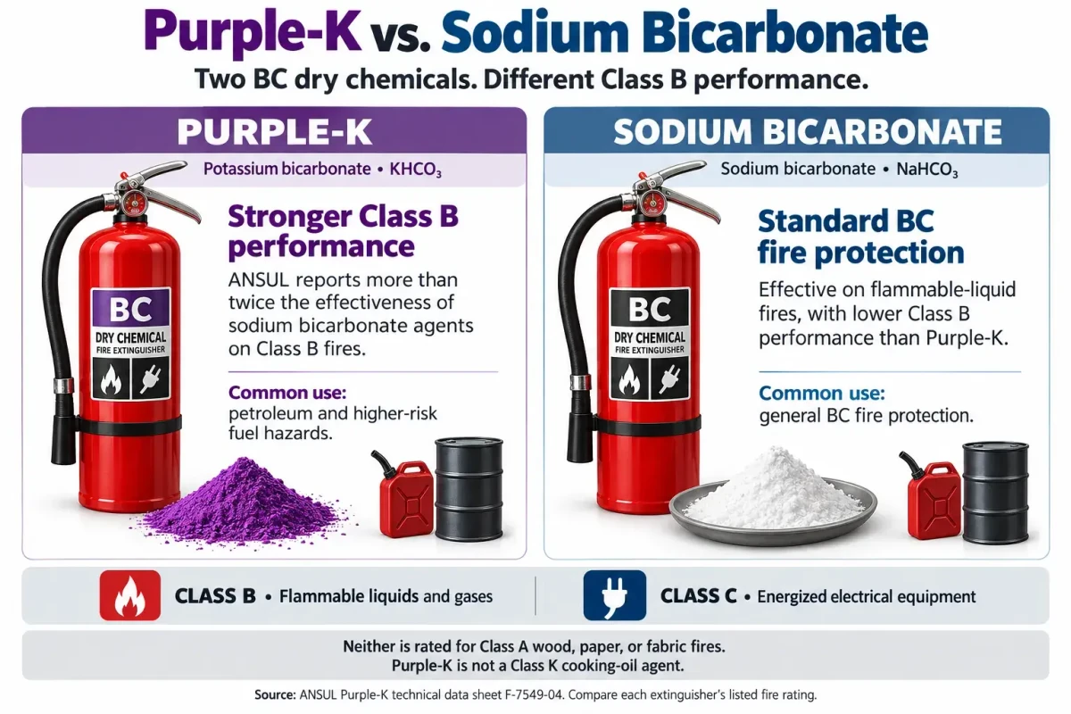Purple K vs sodium bicarbonate fire extinguisher comparison: both are BC dry chemicals, and Purple K is over twice as effective on Class B fires