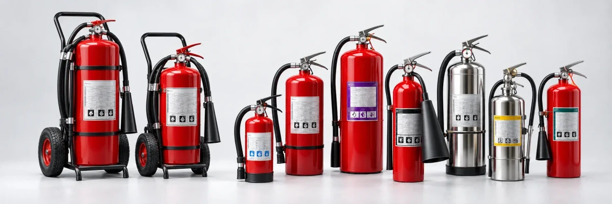 Types of fire extinguishers side by side: two wheeled units, red ABC dry chemical, Purple K and CO2 extinguishers, and stainless steel water and wet chemical models