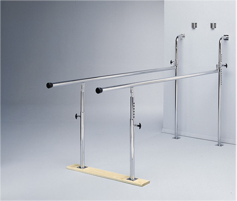 CanDo Parallel Bars, wall-mounted, wood base, folding, height adjustable, 7' L x 22.5" W x 28" - 42" H