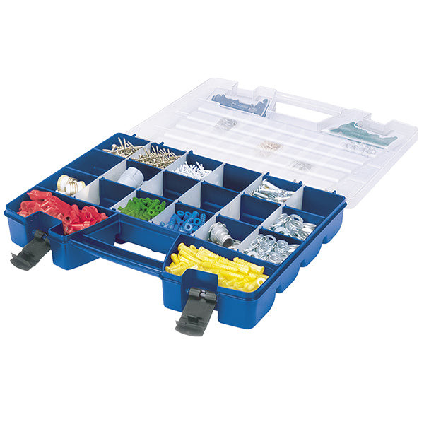Akro-Mils Portable Storage Organizer, 62 Compartments, 18 1/2"L x 3 3/8"H x 13 1/8"W, Blue/Clear