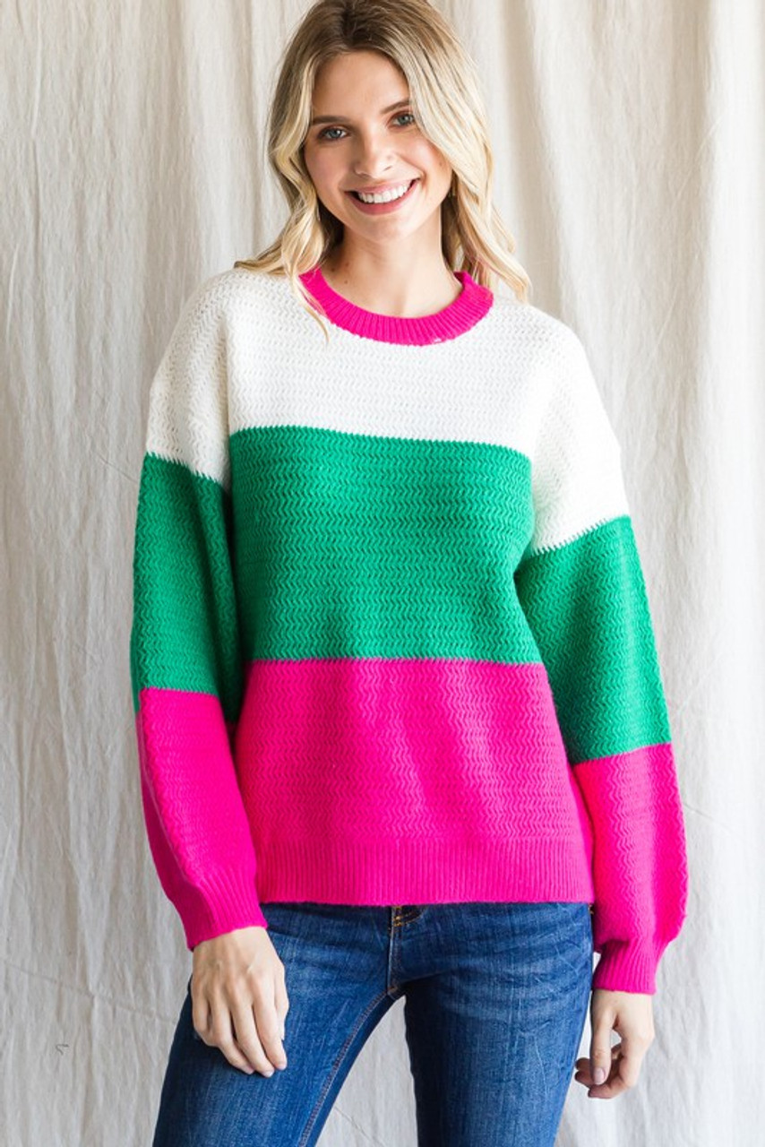 Jodifl Hot Pink Mix Striped Colorblock Knit Pullover