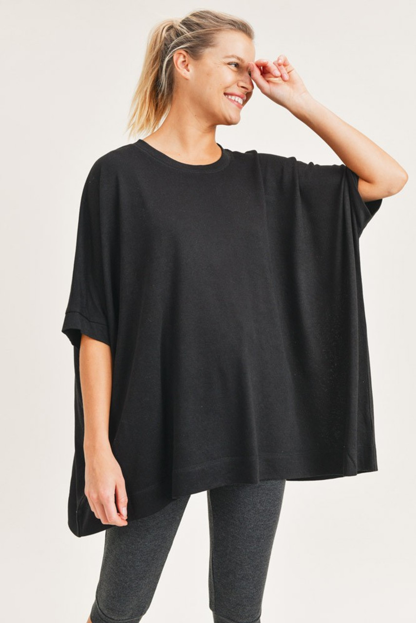 Mono B Hi-Lo Cape Shirt with Mid Sleeves - Black
