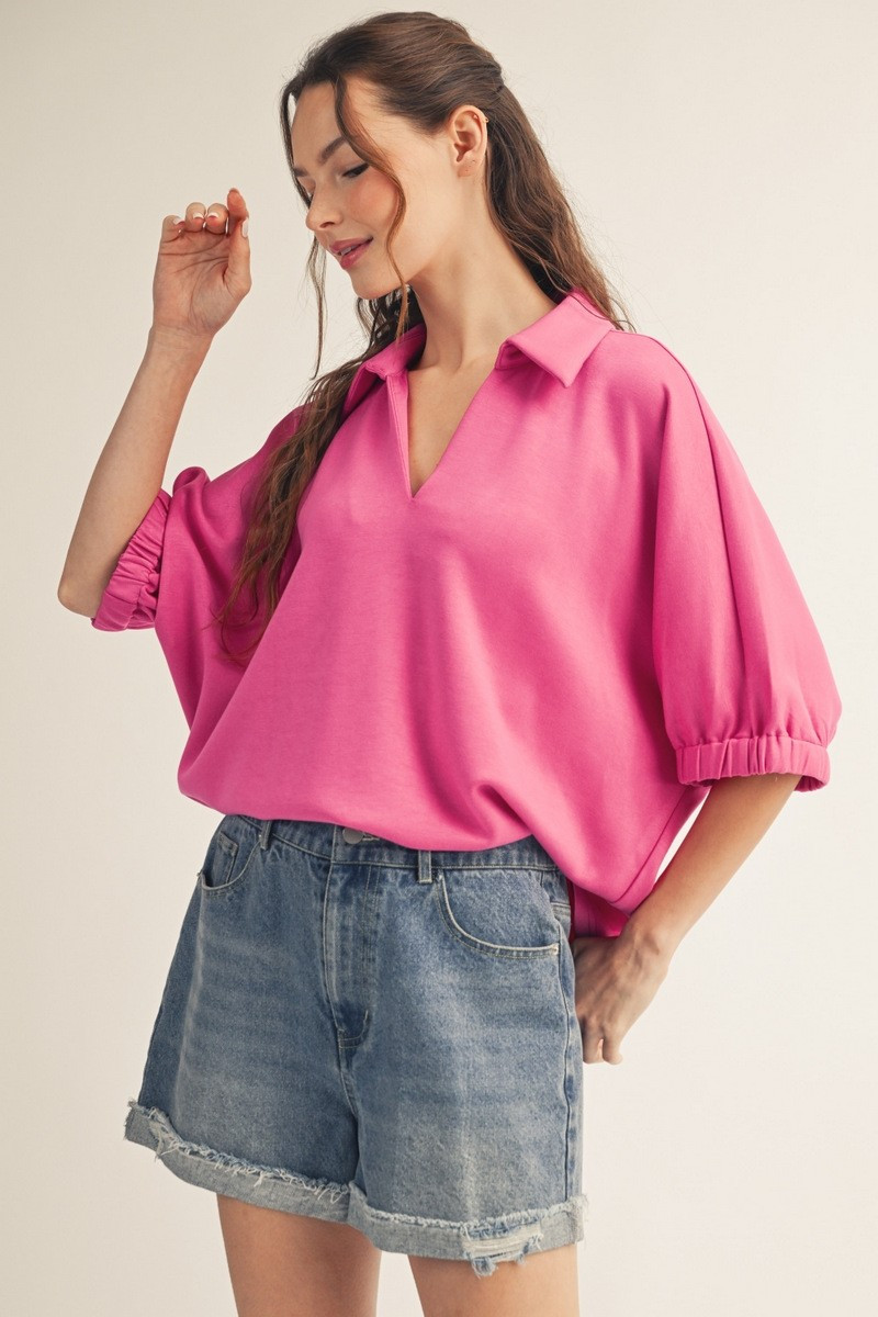Jodifl Women's Hot Pink V Neck Solid Knit Top Jodifl Women's Hot Pink V Neck Solid Knit Top
