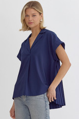 Entro Solid V-Neck Short Sleeve Collared Top