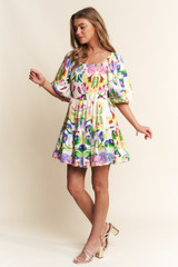 J.NNA Greenish Floral Print Puff Sleeve Short Dress