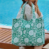 Anju Quilted Block-Printed Tote Bag with Travel Pouch - Teal Dandelion Anju Quilted Block-Printed Tote Bag with Travel Pouch - Teal Dandelion