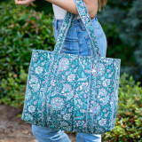 Anju Quilted Block-Printed Tote Bag with Travel Pouch - Teal Florals Anju Quilted Block-Printed Tote Bag with Travel Pouch - Teal Florals