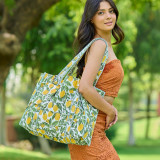 Anju Quilted Block-Printed Tote Bag with Travel Pouch - Lemon Groves Anju Quilted Block-Printed Tote Bag with Travel Pouch - Lemon Groves