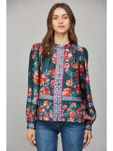 Fate Women's Deep Green Front Button Closure Long Sleeve Print Blouse