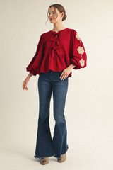 Jodifl Burgundy Front Bow Tie Embroidered Peplum Top Jodifl Burgundy Front Bow Tie Embroidered Peplum Top