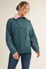 Jodifl Hunter Green Color Contrast Accent Zip Up Sweater Top Jodifl Hunter Green Color Contrast Accent Zip Up Sweater Top