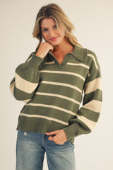 Jodifl Olive Bold Stripe Polo Sweater Top Jodifl Olive Bold Stripe Polo Sweater Top