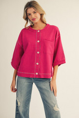 Jodifl Magenta Multi Color Stitch Accent Washed Top Jodifl Magenta Multi Color Stitch Accent Washed Top