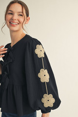 Jodifl Front Bow Tie Embroidered Peplum Top - Black