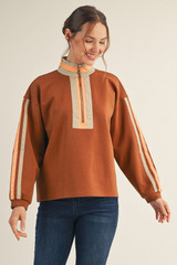 Jodifl Solid Contrast Detail Zip Up Sweatshirt - Brown Jodifl Solid Contrast Detail Zip Up Sweatshirt - Brown