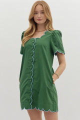 Entro Mini Dress with Accent Scallop Embroidered Edge - Hunter Green Entro Mini Dress with Accent Scallop Embroidered Edge - Hunter Green
