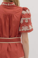 Entro Short Sleeve Embroidered Mini Dress - Rust Entro Short Sleeve Embroidered Mini Dress - Rust