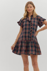 Entro Plaid Ruffle Hem Mini Dress - Navy Entro Plaid Ruffle Hem Mini Dress - Navy