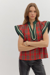 Entro Women's Red Plaid Flutter Sleeve Top Entro Women's Red Plaid Flutter Sleeve Top