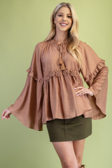 GiGiO Mocha Tassel Neck Tie Bell Sleeve Top GiGiO Mocha Tassel Neck Tie Bell Sleeve Top