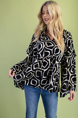 GiGiO Black Glitter Accented Print Bell Sleeve Top GiGiO Black Glitter Accented Print Bell Sleeve Top