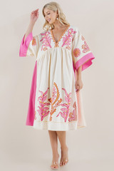 Sundayup Hot Pink Contrast Long Sleeve V-Neck Embroidered Dress Sundayup Hot Pink Contrast Long Sleeve V-Neck Embroidered Dress