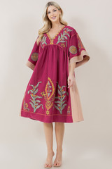 Sundayup Wine Contrast Long Sleeve V-Neck Embroidered Dress Sundayup Wine Contrast Long Sleeve V-Neck Embroidered Dress