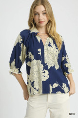 Umgee Navy Peony Print High Neck Top Umgee Navy Peony Print High Neck Top