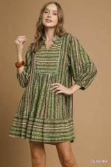Umgee Olive Aztec Print Babydoll Dress Umgee Olive Aztec Print Babydoll Dress