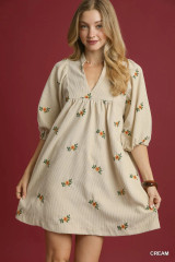 Umgee Corduroy Babydoll Dress with Floral Embroidery Umgee Corduroy Babydoll Dress with Floral Embroidery