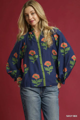 Umgee Women's Navy Floral Print Button Front Blouse Umgee Women's Navy Floral Print Button Front Blouse