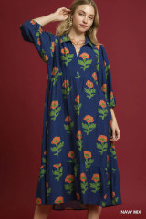 Umgee Women's Navy Floral Print Maxi Dress with Bubble Sleeves Umgee Women's Navy Floral Print Maxi Dress with Bubble Sleeves