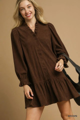 Umgee Women's Brown Corduroy Ruffle Trim Babydoll Dress Umgee Women's Brown Corduroy Ruffle Trim Babydoll Dress