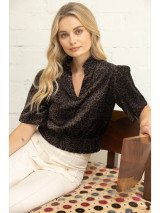 Voy Women's Smocked Hem Glitter Sprinkled Animal Print Top