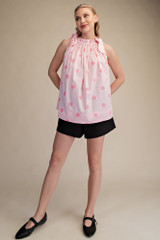 Glam Tie Strap Smocked Polka Dot Top