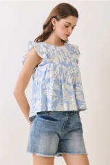 TCEC Women's Blue Floral Print Pleated Bodice Ruffle Sleeve Top