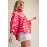 Glam Women's Red & Pink Oversized Striped Balloon Sleeve Top