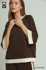 Umgee Women's Colorblock Crewneck Top - Coco Brown