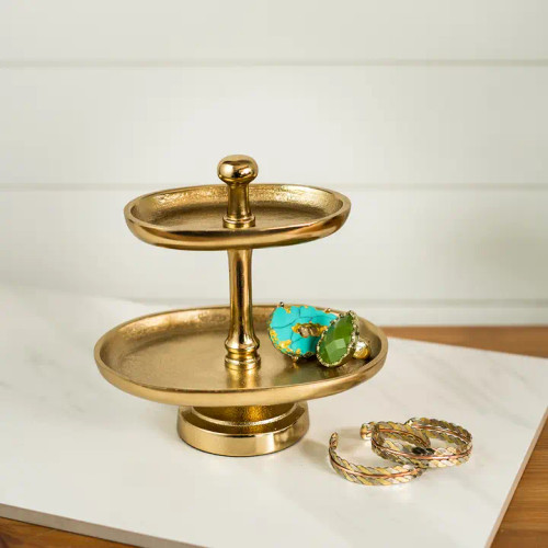 India Handicrafts Textured Gold 2-Tier Stand/Jewelry Holder